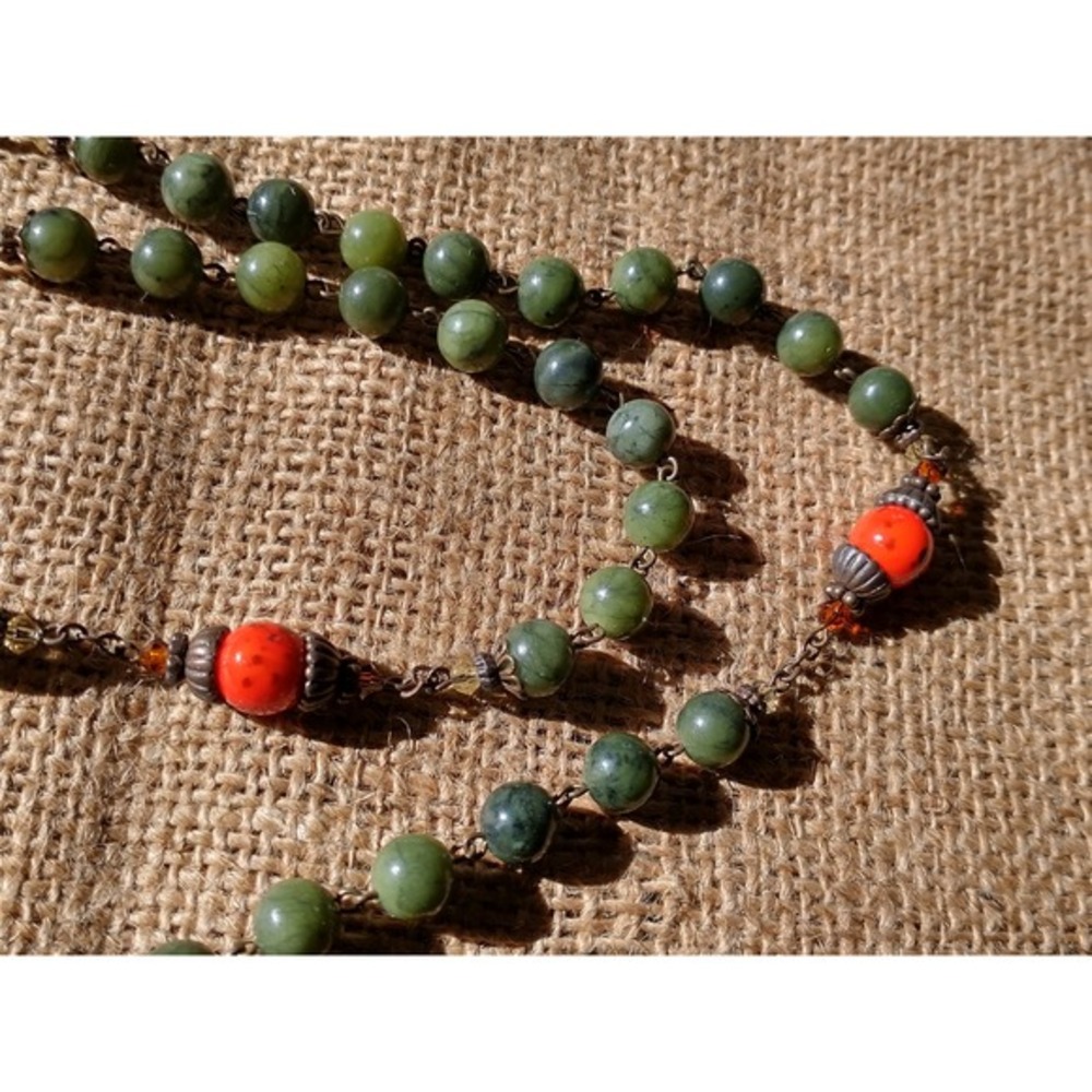 Connemara Marble Rosary Beads Green Orange Celtic Cross Necklace Made in Ireland